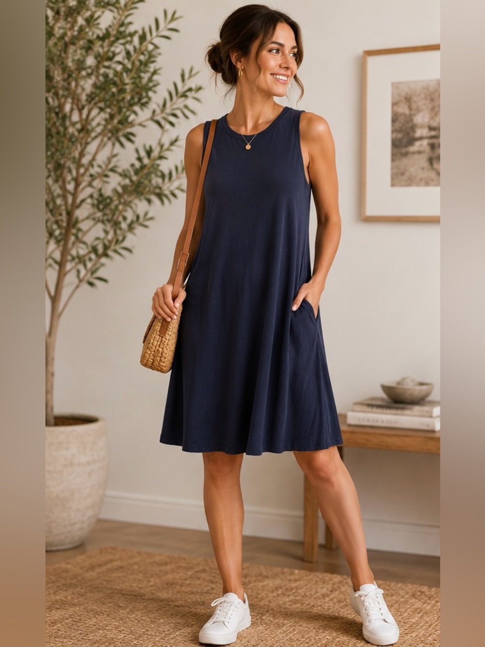 LOFT Navy Swing Dress Medium Casual Sleeveless Knit Summer Dress - Picture 1 of 9